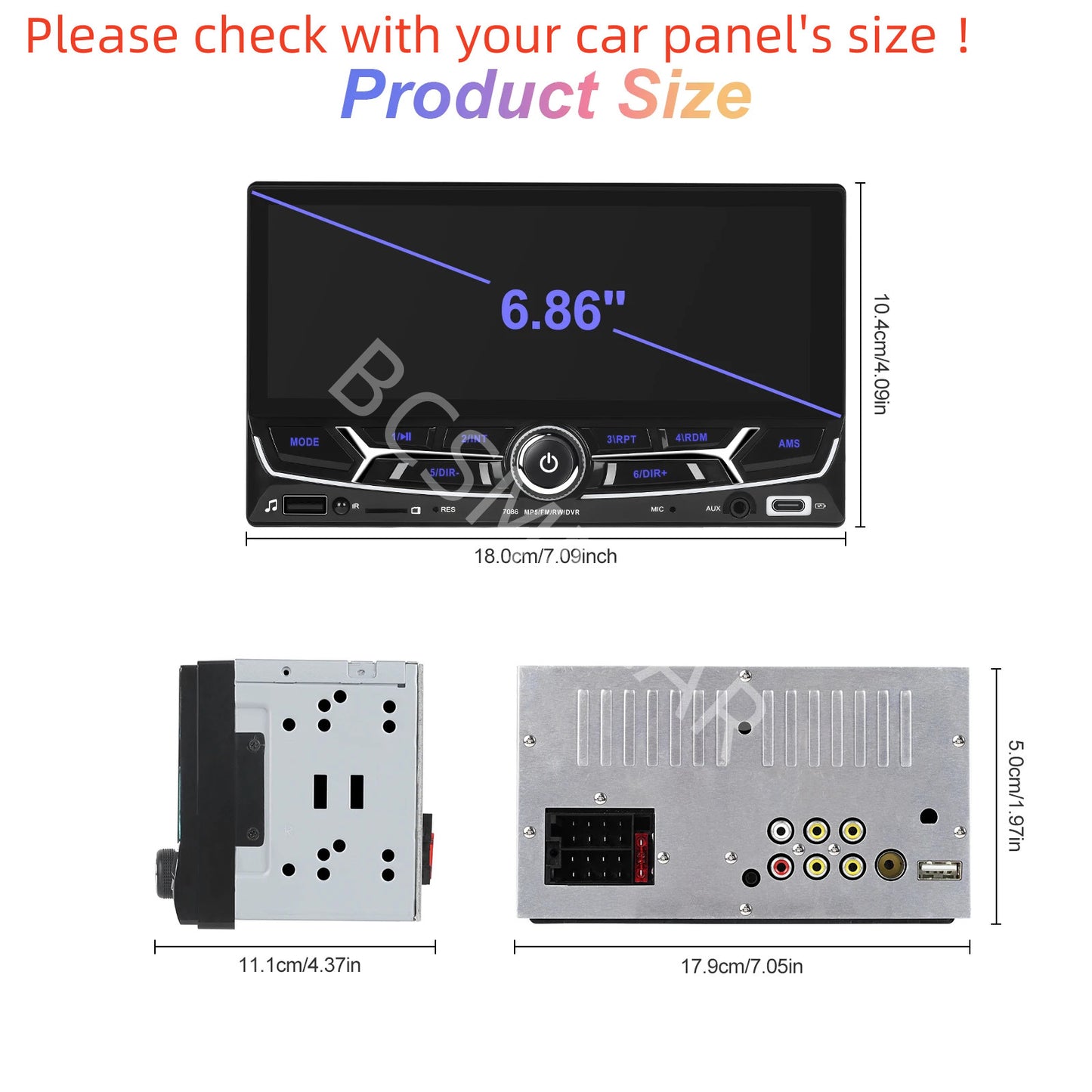6.86in Double Din Car Stereo Radio MP5 Player For Carplay Android Auto W/Camera