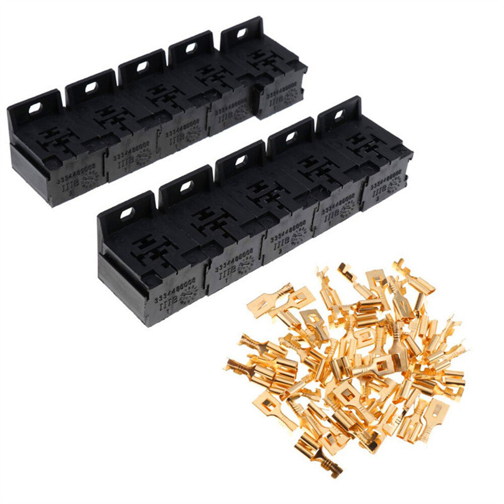 10Pcs 12V/24V 30A-80A 5-Pin Relay Socket Holder Block with 50Pcs 6.3mm Terminals