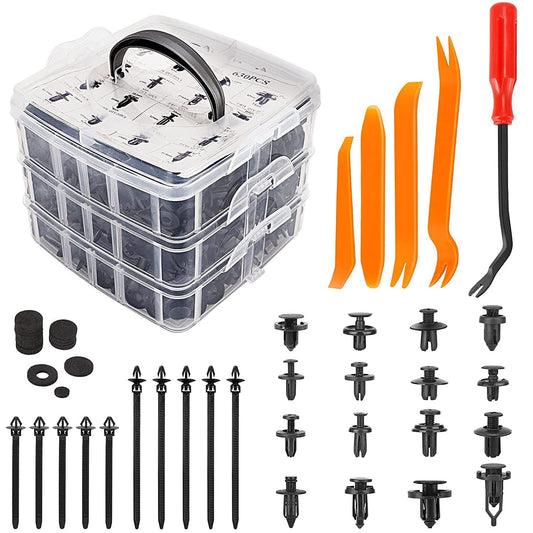Car bumper mounting clips, plastic rivet clips, and decorative panel/mudguard clips