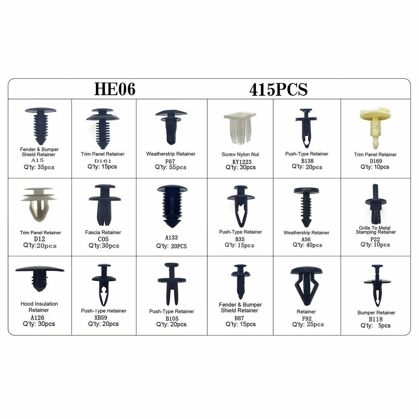 415stk 18 Size Car Push Type Retainer Panel Bumper Fastener Trim Clip Universal