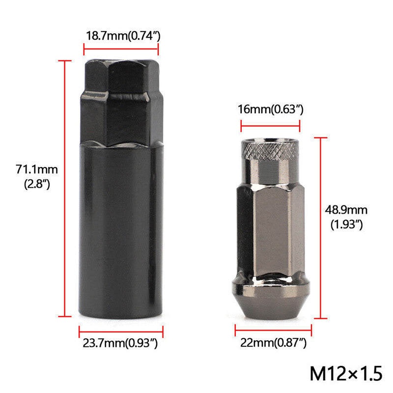 20pcs M12x1.5 Lug Nuts 48mm Steel Open End Wheel Nuts Bolts w/ Socket Key Black