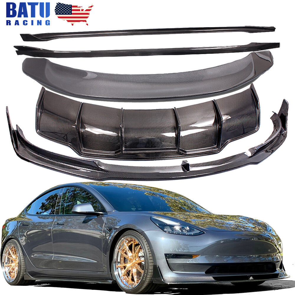 Carbon Fiber Rear Spoiler+Side Skirt+Front  Rear Bumper for 18-23 for Tesla model 3
