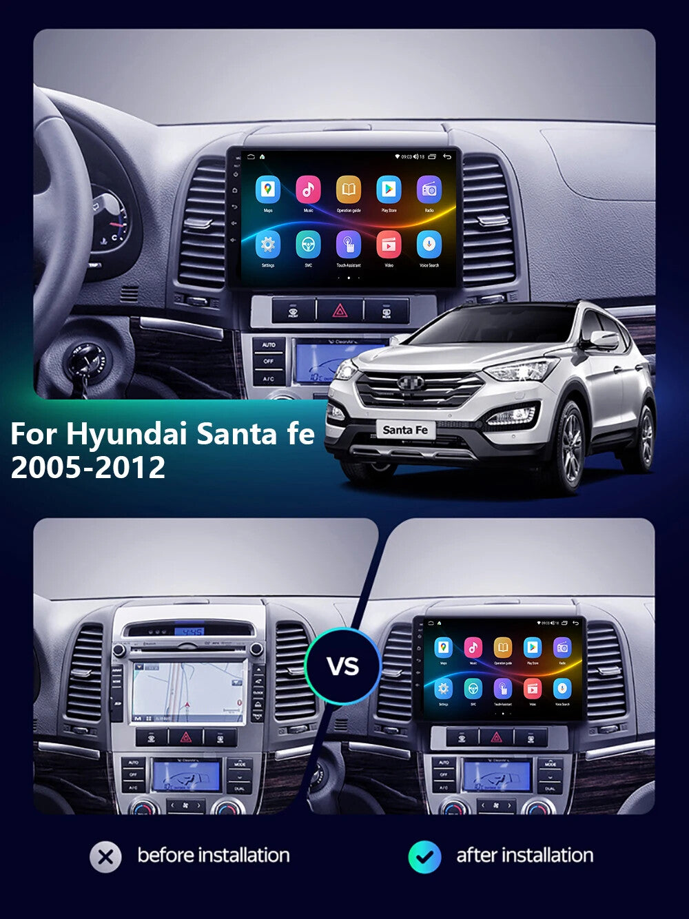 for Hyundai Santa Fe 2005-2012 Android Auto CarPlay Car Stereo Radio GPS Screen