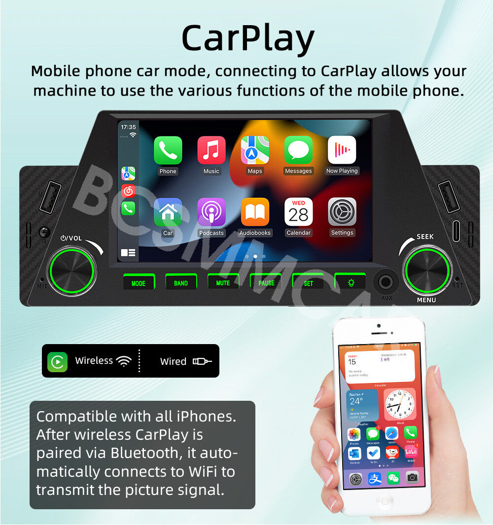 1Din 4.7in Car Stereo Radio Bluetooth For Apple Carplay Multimedia Player W/Cam