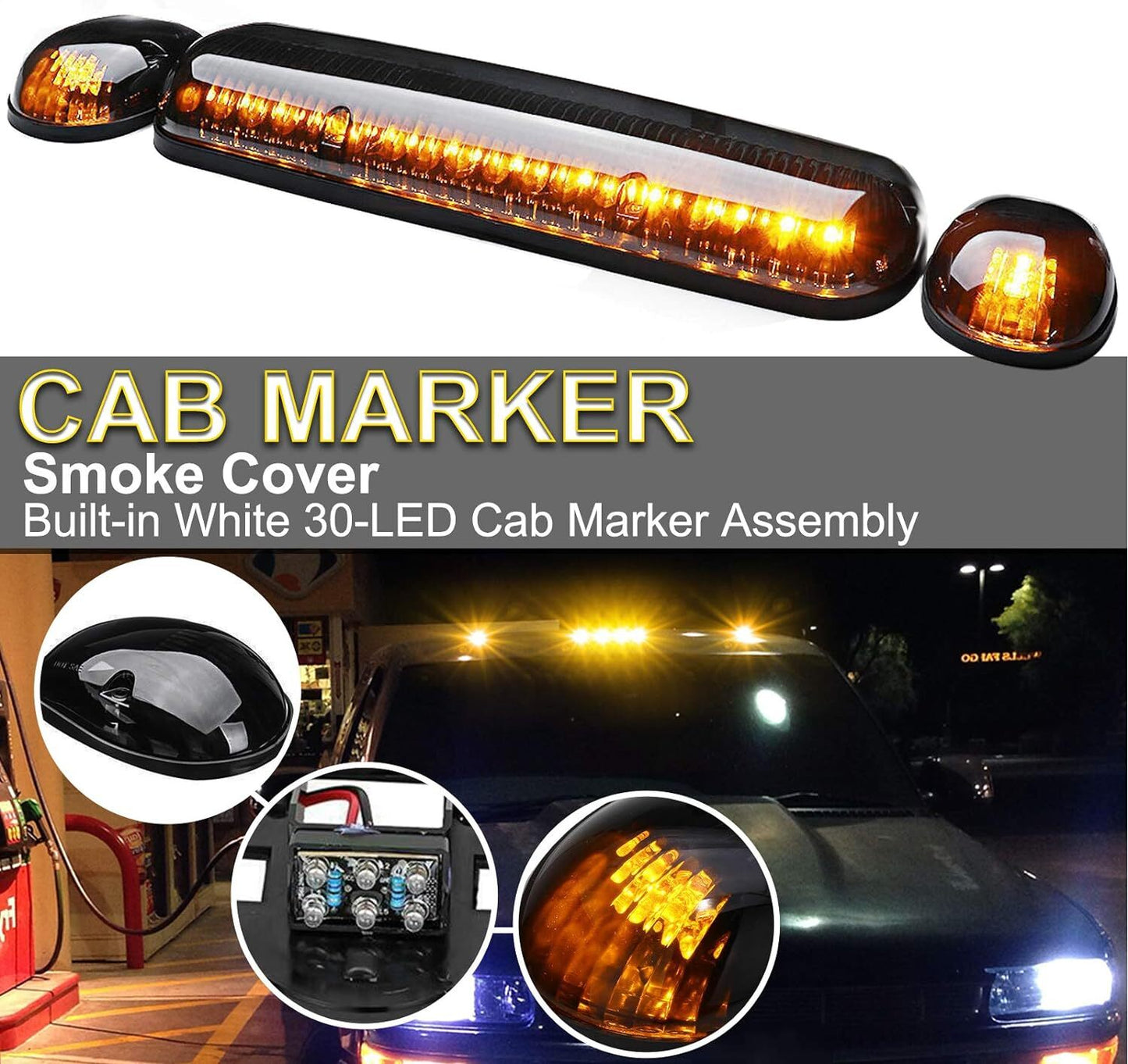 3pcs Amber For 2002-2007 Silverado for Sierra Smoke LED Cab Roof Top Marker Lights