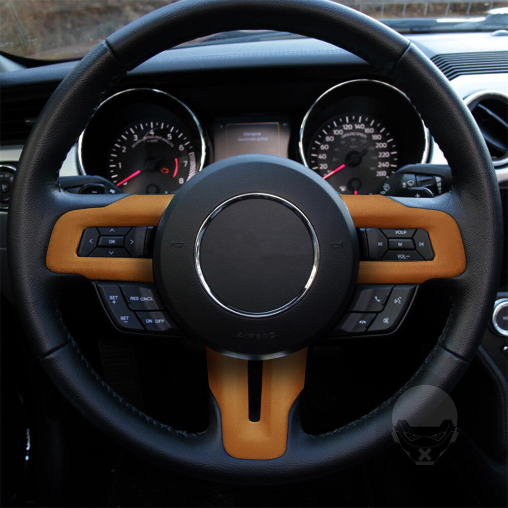 PU Leather Brown Interior Steering Wheel Button Cover for Ford for Mustang 2015-2023