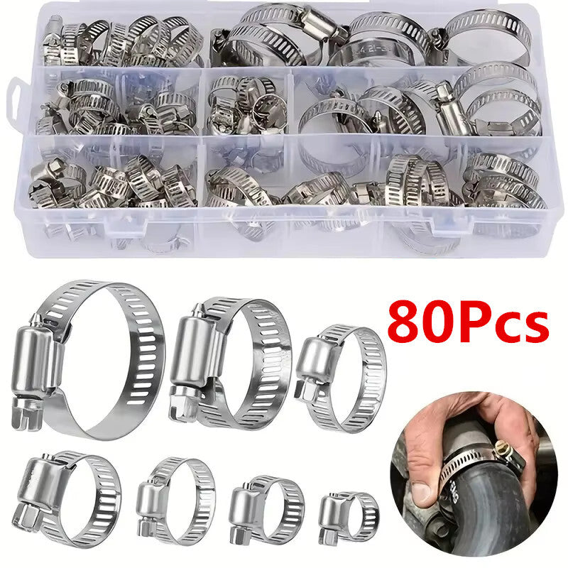 80Pcs Adjustable Fuel Pipe Worm Gear Clip Stainless Steel Screw Band Hose Clamps