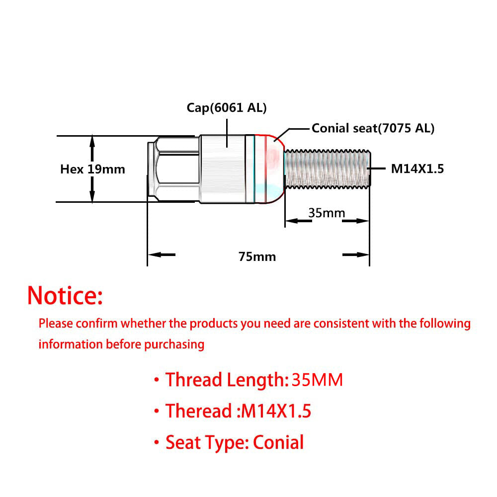 20-pack green M14x1.5 wheel lug bolts, tapered for seat studs, 35 shanks, suitable for most aftermarket applications.