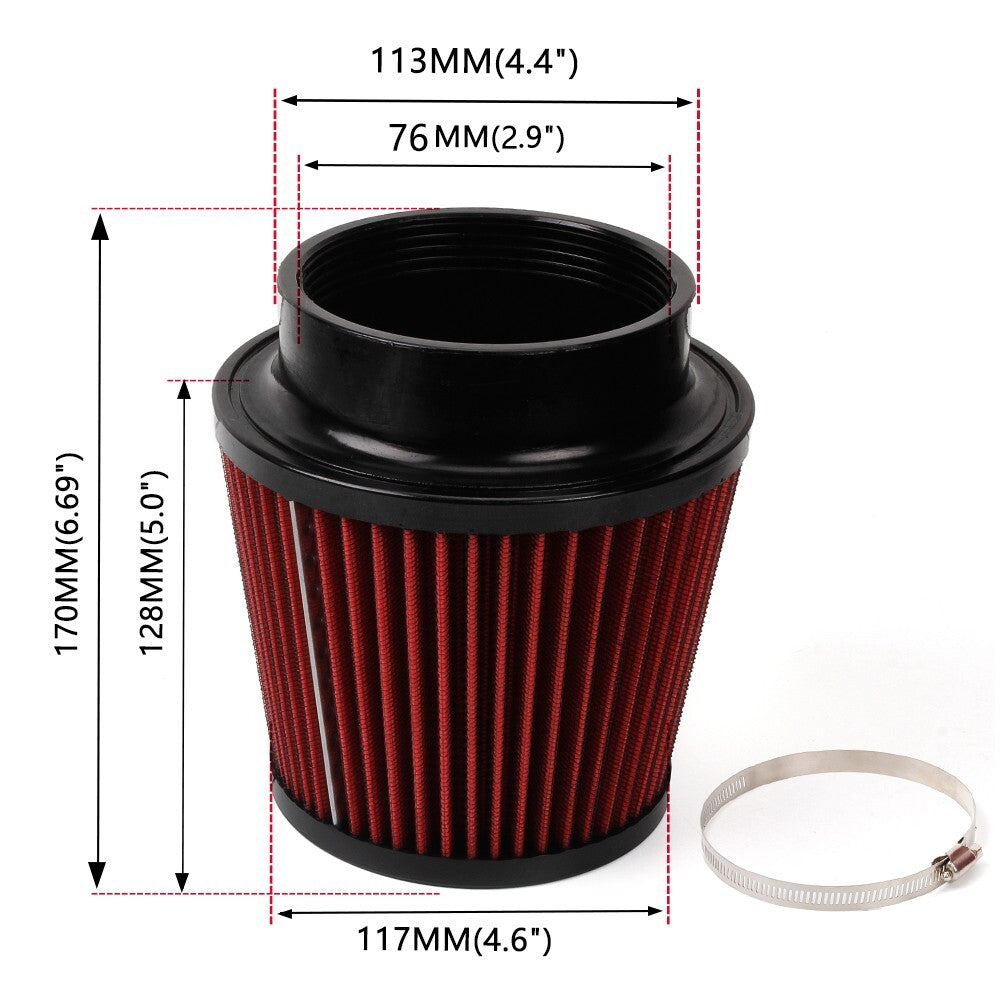 3/76mm Black Flexible Car Cold Air Intake Hose Filter Pipe Kit+Red Air Filter