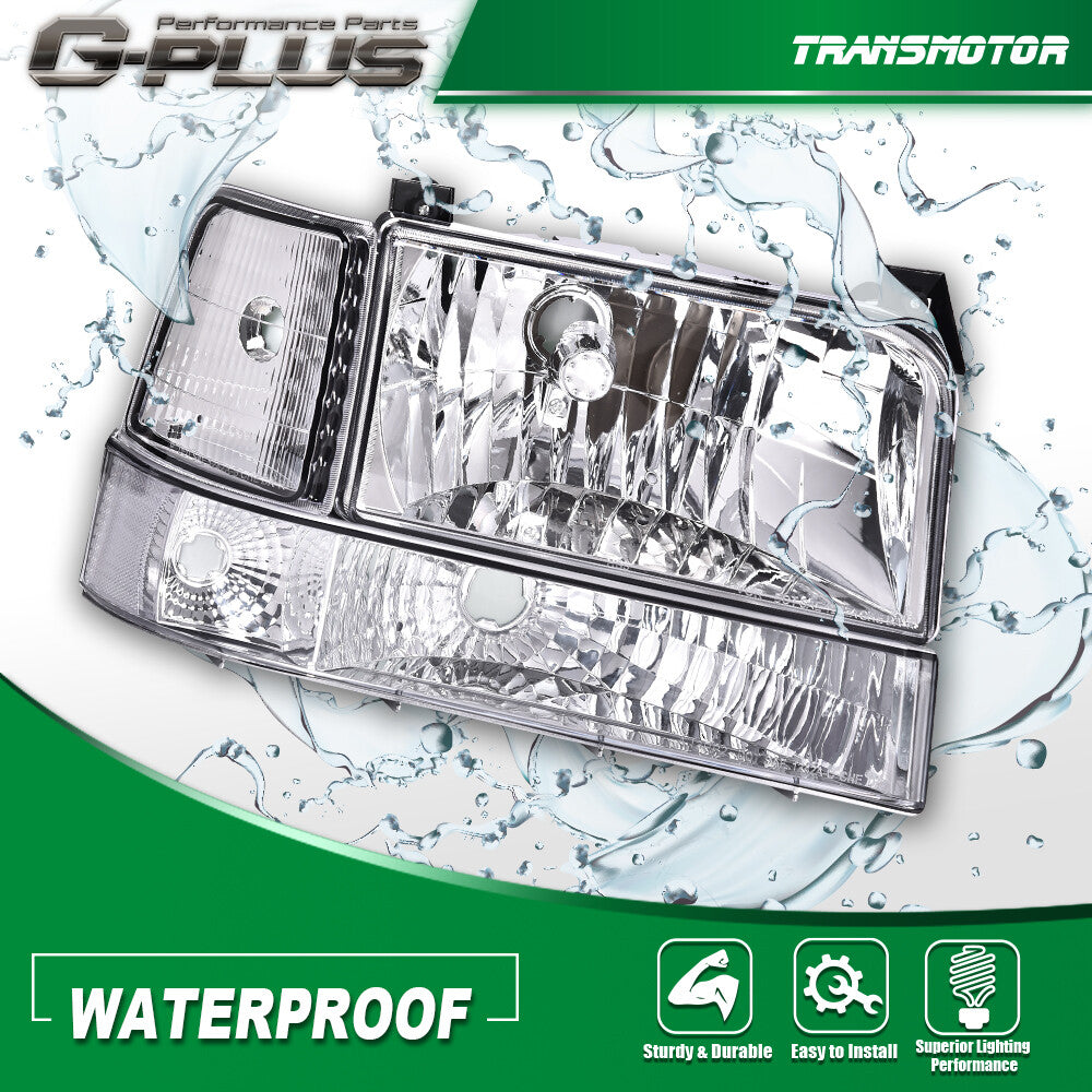 Chrome/clear headlights + black headlight door panels suitable for 92-96 F150/F250/F350