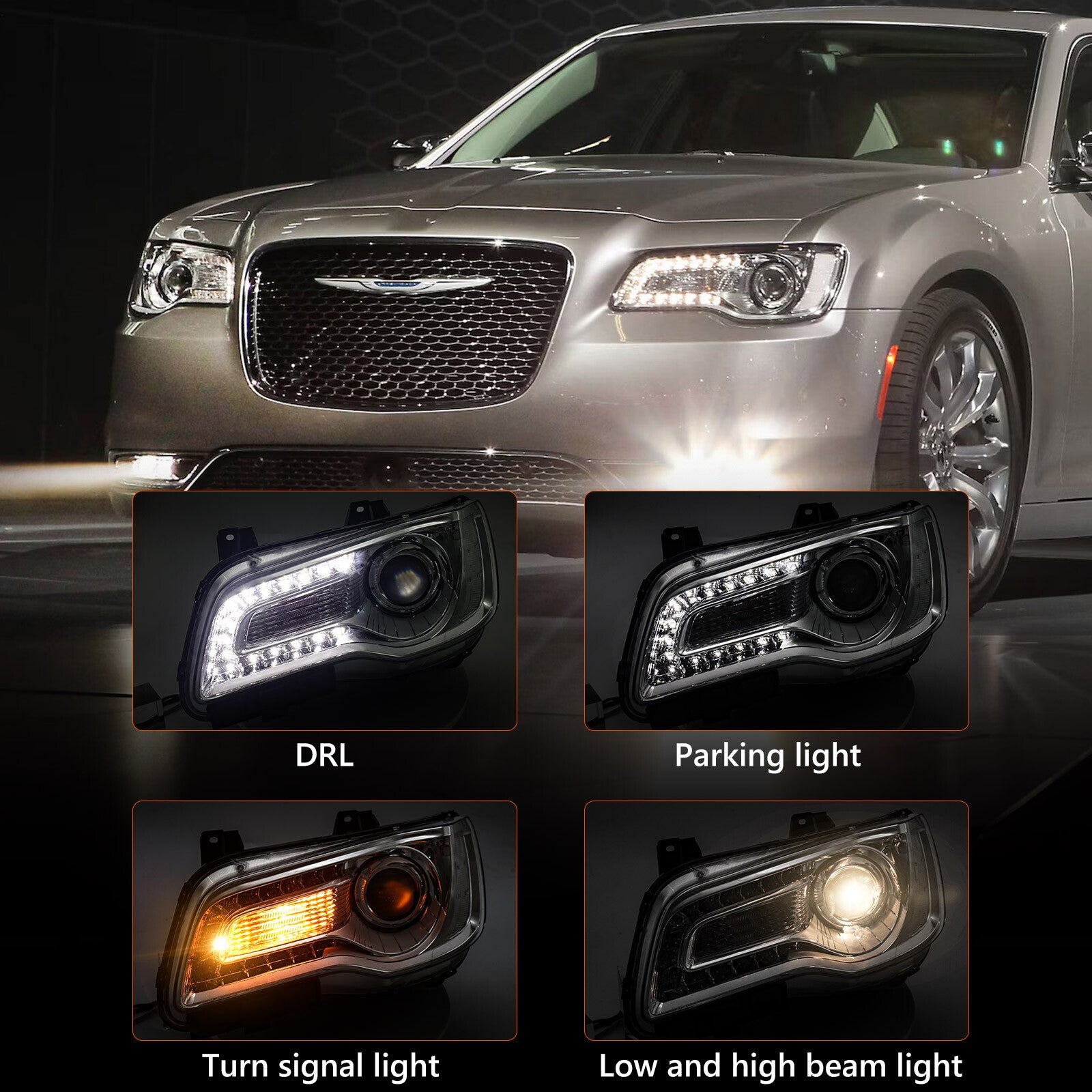 2P Headlights For 2015-2023 for Chrysler 300 Chrome Halogen LED DRL Projector LHRH