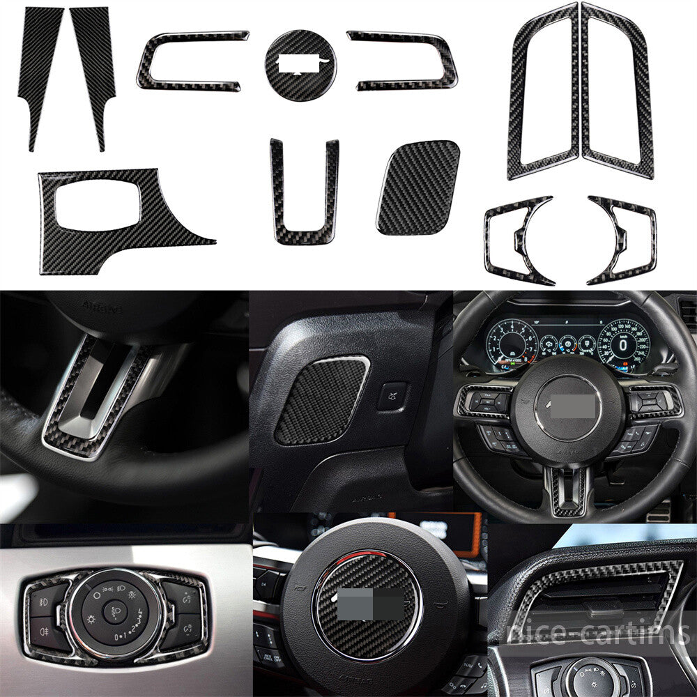 12Pcs Carbon Fiber Interior Steering Wheel Set Trim Kit for Ford for Mustang 2015-23