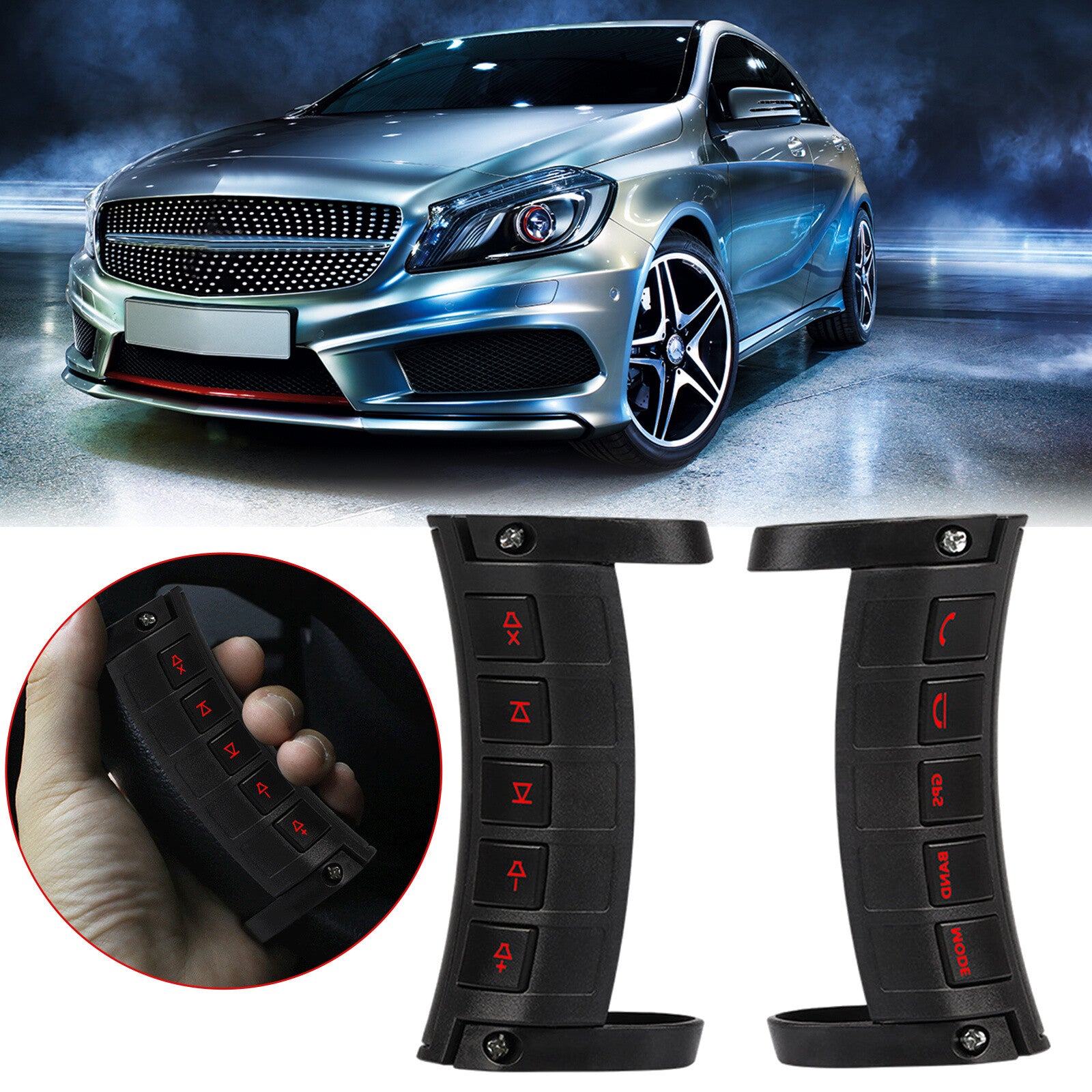 A pair of LED wireless car steering wheel button remote controls for GPS stereo radios.