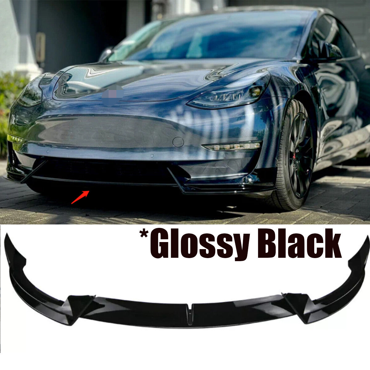 Front Bumper Lip Spoiler Splitter Glossy Black ABS for Tesla Model 3 2017-2023