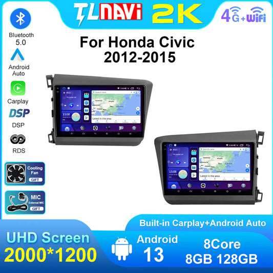 for Honda for Civic 2012-2015 Android Auto CarPlay Car Radio Stereo Video Player GPS