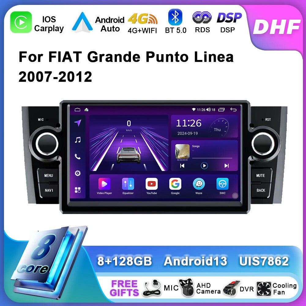 for Fiat Grande Punto Linea 2007-2012 Android Auto CarPlay Car Radio Player GPS