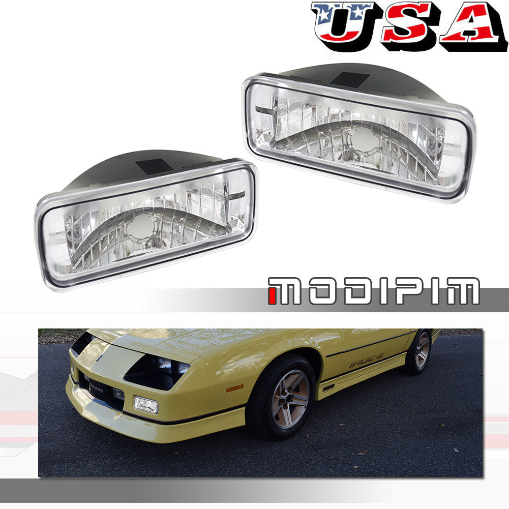 A pair of clear chrome front bumper turn signals suitable for 1985-1992 for Chevrolet Camaro.