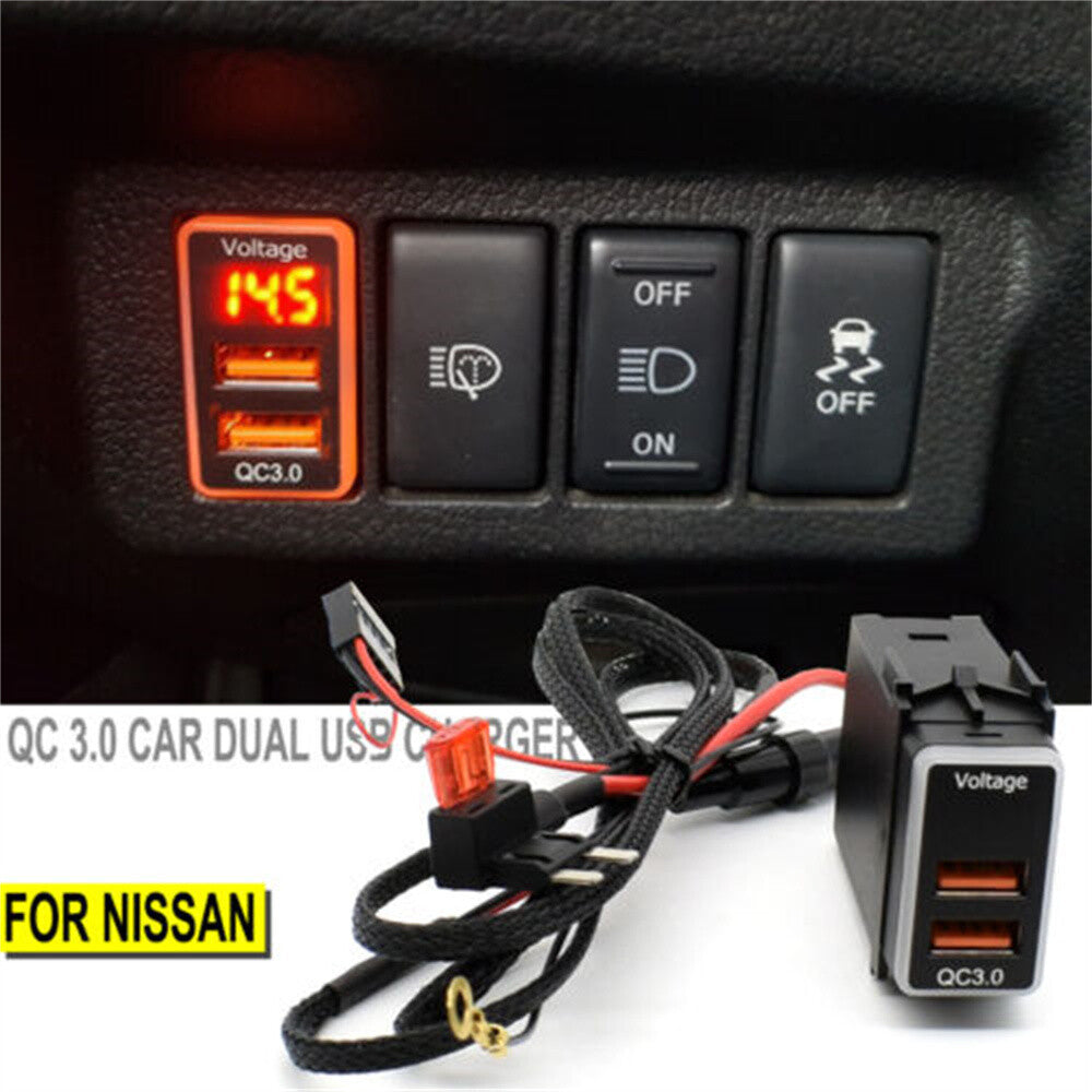for Nissan 2 Dual USB Ports QC3.0 Fast Phone QuickCharger LED Digital Voltmeter