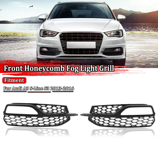 2-Piece Front Bumper Fog Light Grill Covers for 2013-2016 for Audi A3 S Series S3 Honeycomb