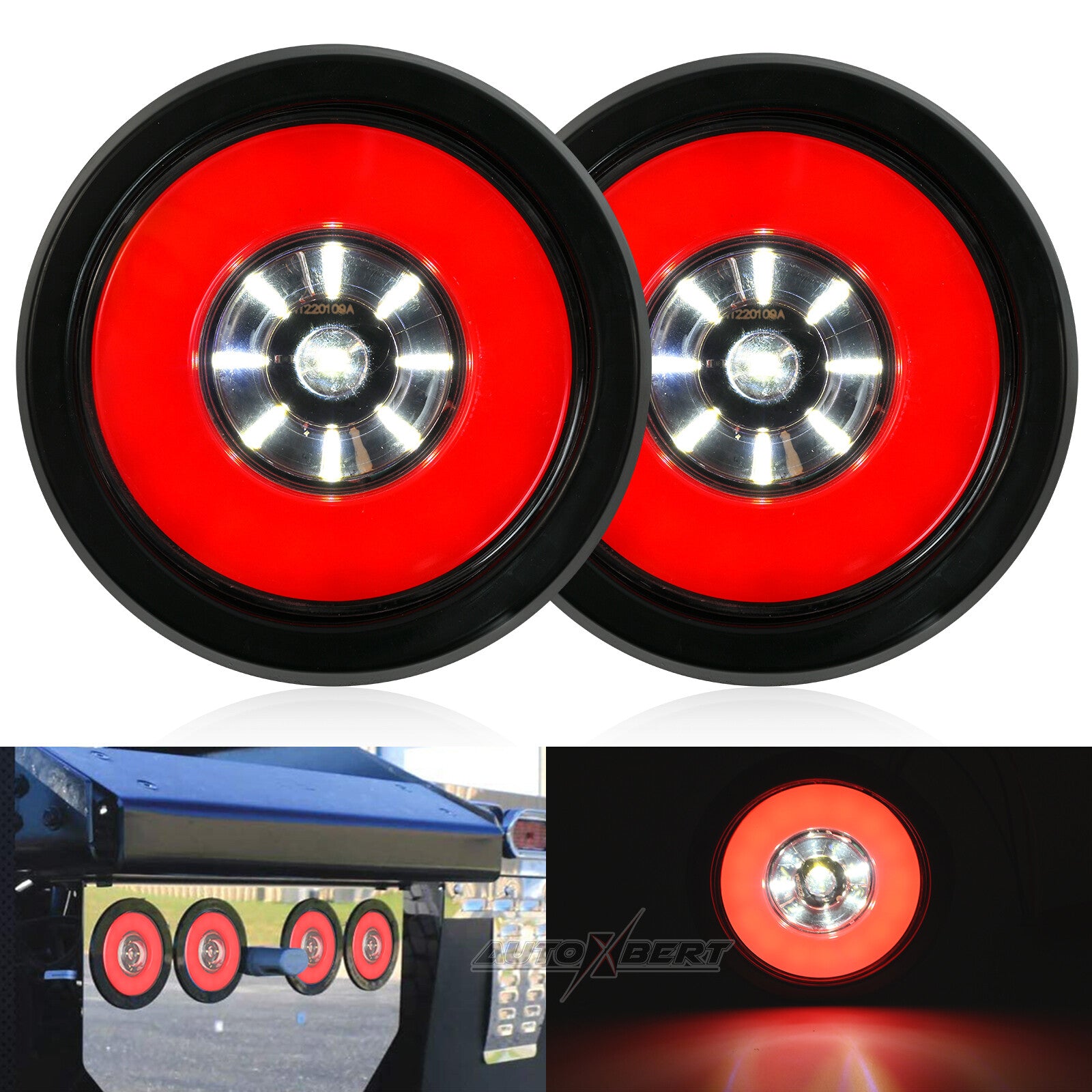 2pcs 4'' Round Red White LED Truck Trailer Brake Stop Tail Reverse Light 12V 24V