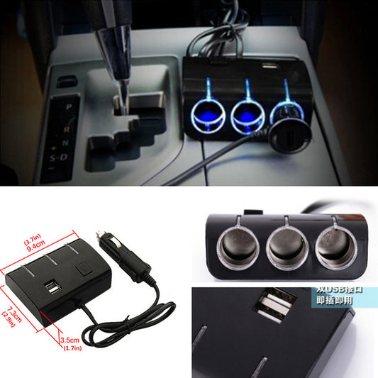 Black Car Dual USB Port 3 Way Cigar Lighter Charger Socket Adapter Phones Tablet