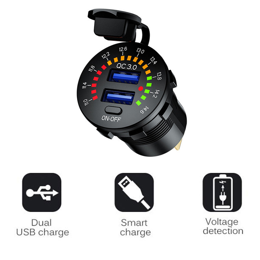 12V/24V QC 3.0 Car Charger Socket Dual USB Port Fast Charging With LED Voltmeter