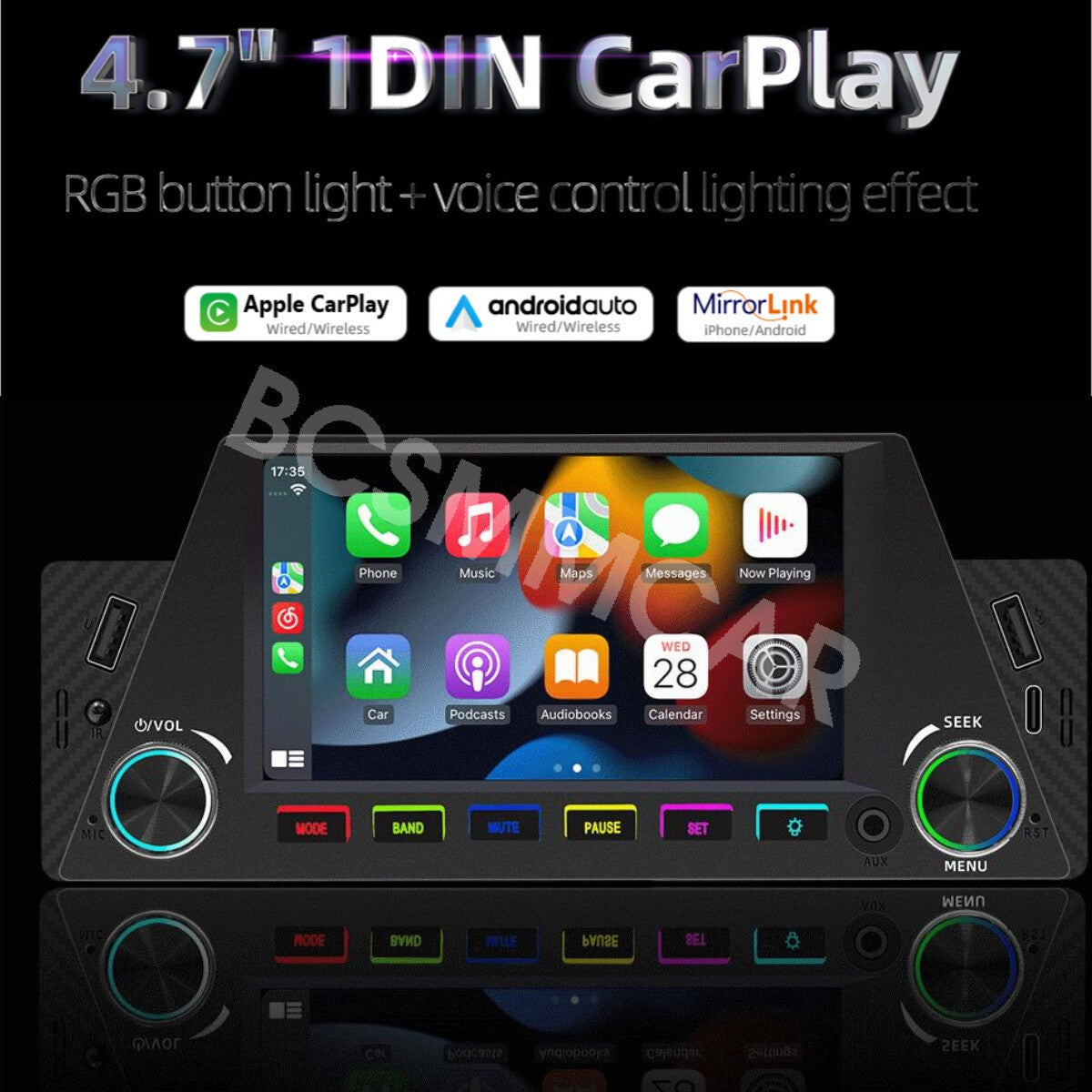 For Apple Caplay Android Auto Single 1 Din Car Stereo Radio 4.7in Bluetooth USB