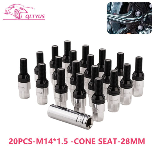 20-piece set of 28mm M14x1.5 wheel lug bolts and tapered for seat studs suitable for most aftermarket applications.