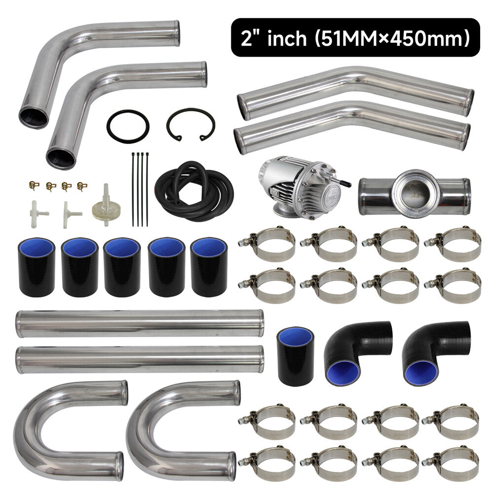 2 51mm Universal Intercooler Piping Kit + BOV Turbo Blow Off Valve Kit Silver
