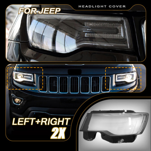 A pair of transparent headlight lens covers for Jeep Grand Cherokee 2014 - 2019