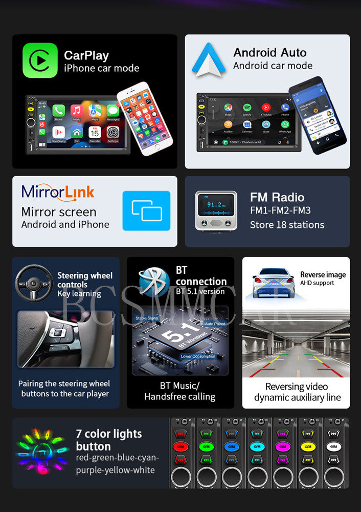 Touch Screen Car Stereo Radio Bluetooth FM Player For Apple Carplay Android Auto