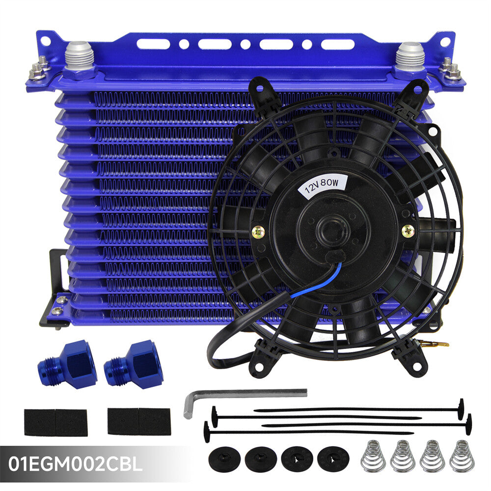 Universal 15 Row AN10 Engine Oil Cooler w/AN10 To AN8 Fittings + 7 Fan Blue
