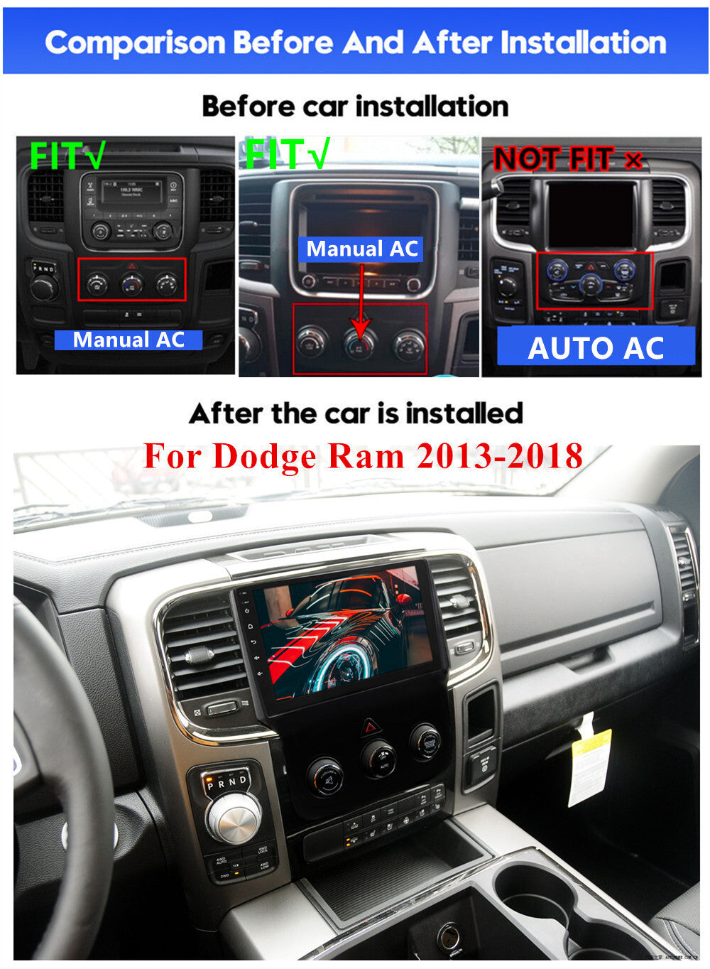 For 2013-2018 for Ram Pickup Stereo Radio Carplay 9 Android 12.0 Head Unit GPS Wifi