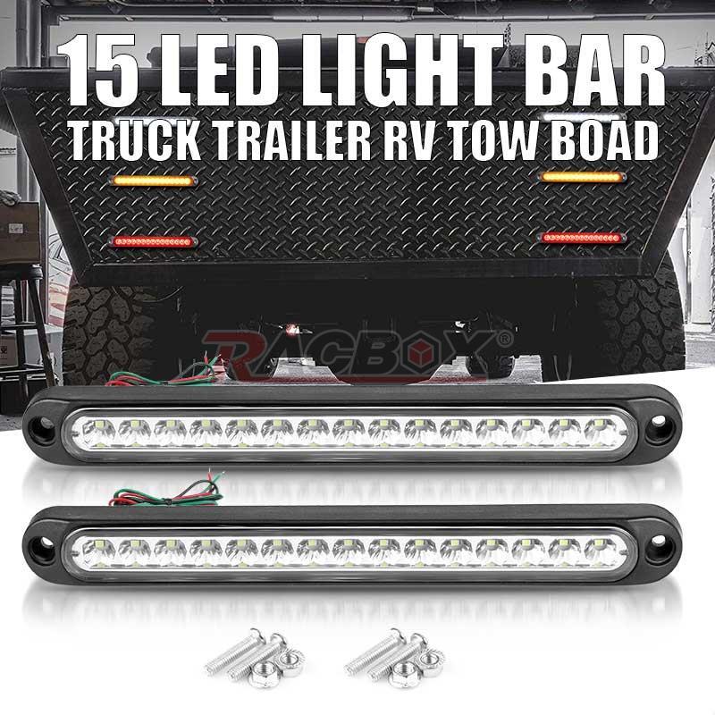 2X White 15 LED Sealed Truck Trailer Reverse Backup Light Bar Turn Tail Strip