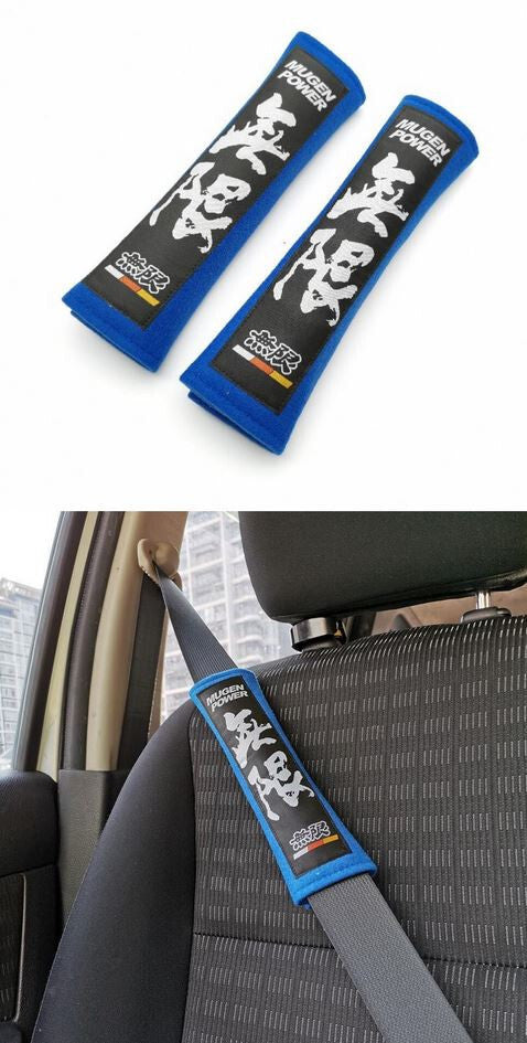 Blue Mugen car seatbelt cover and shoulder strap pad for Mitsubishi vehicles (2 pieces)