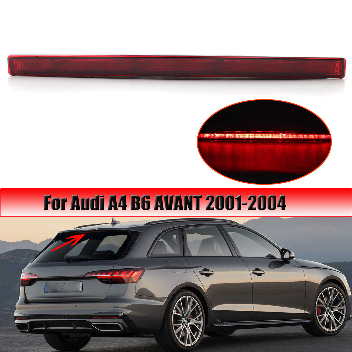 Applicable to 2001-2005 for Audi A4 B6 Avant, red lens, high-mount third brake stop light.