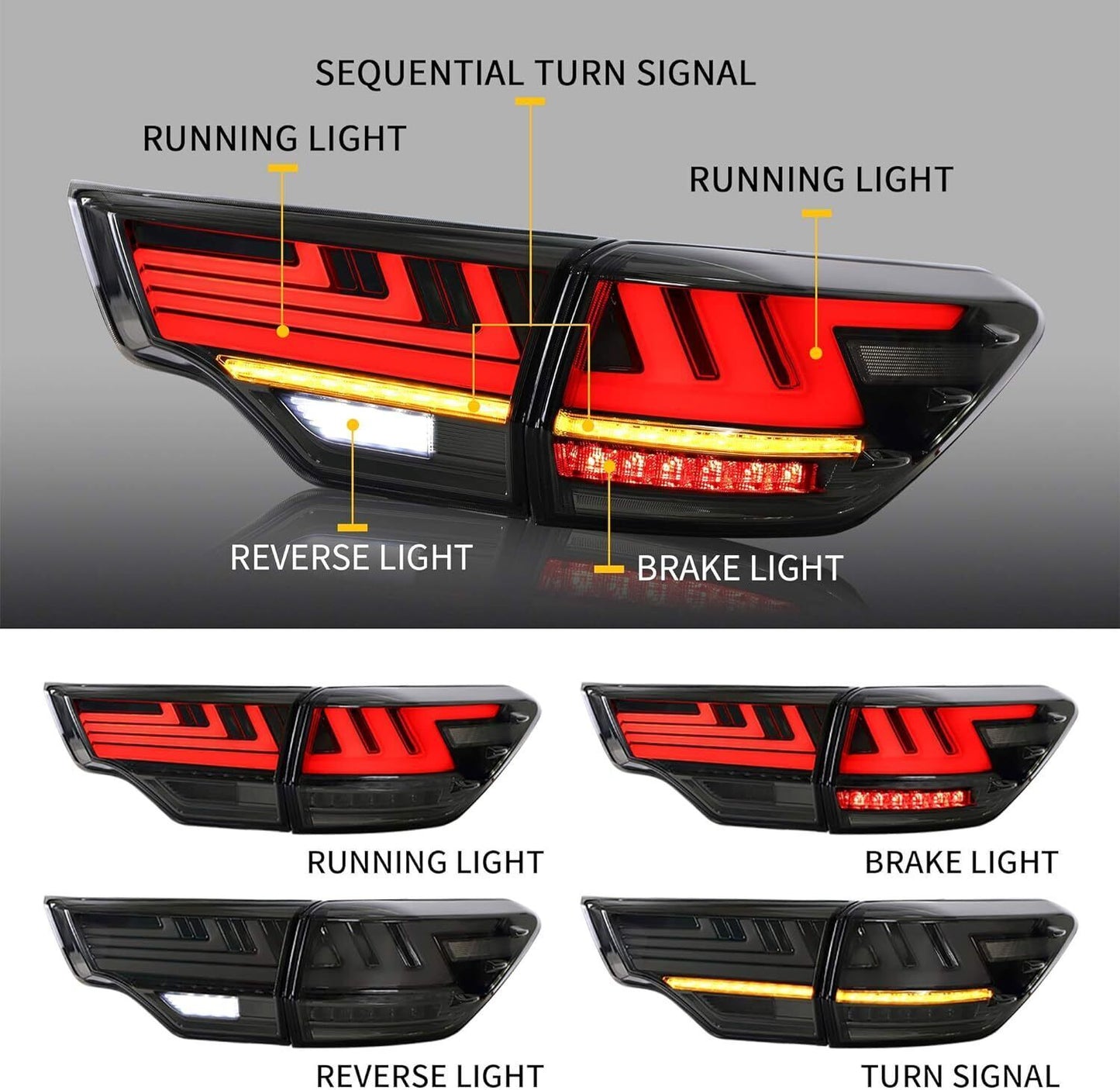 Smoked LED taillights with dynamic signal brakes for Toyota Highlander 2014-2019