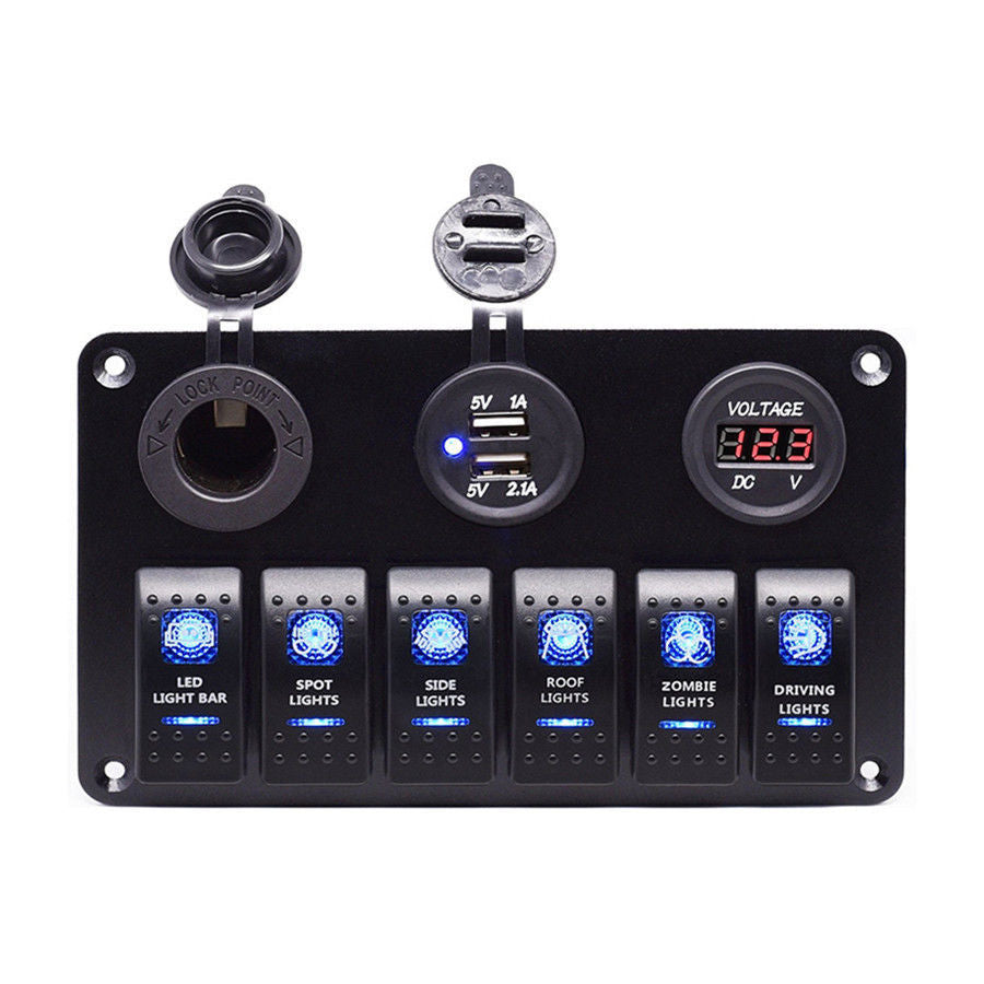12V Car 6Gang Rocker Button Panel with Digital Voltmeter USB Charger Adapter LED