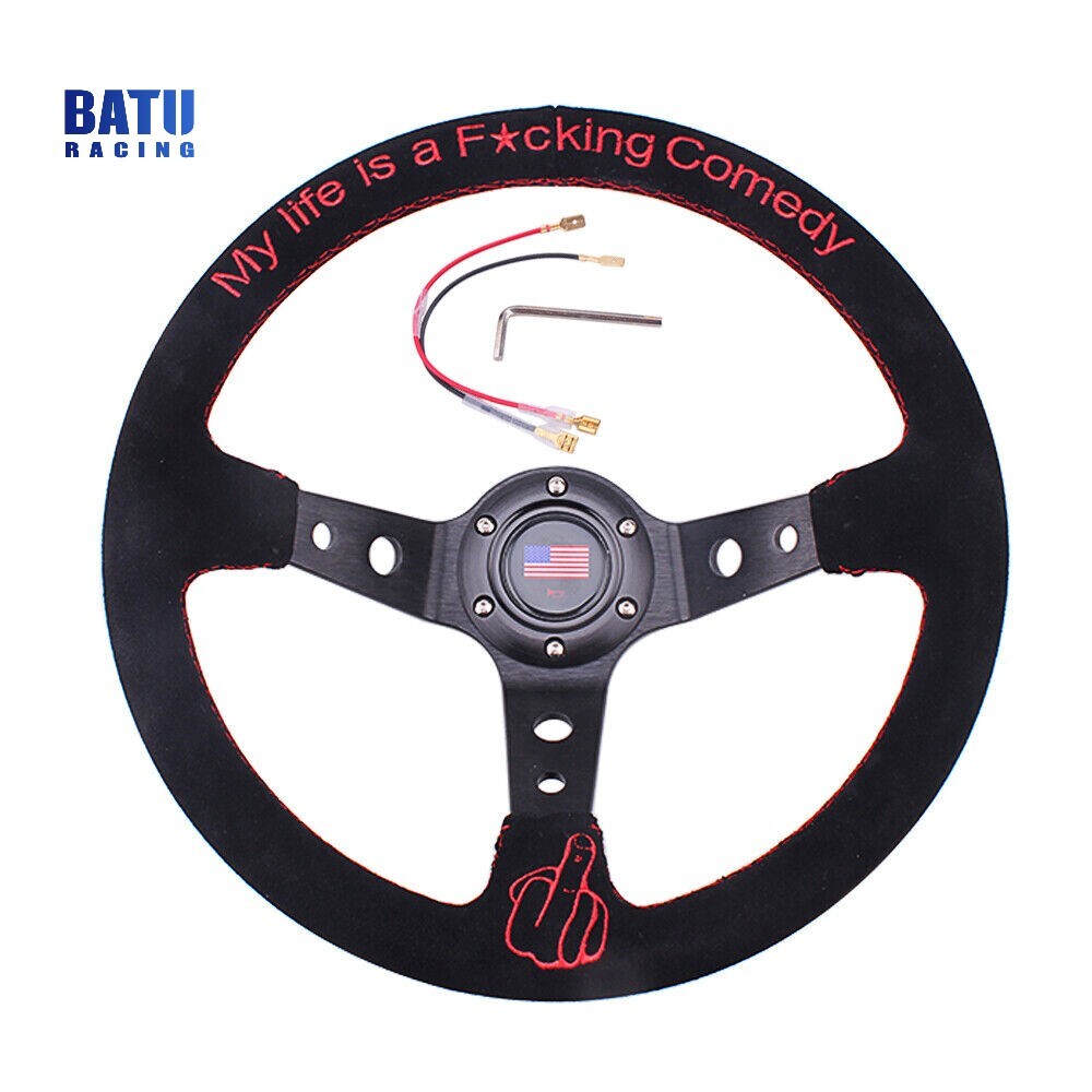 Black 14INCH 350mm Suede Leather Hand Embroidery Universal Steering Wheel
