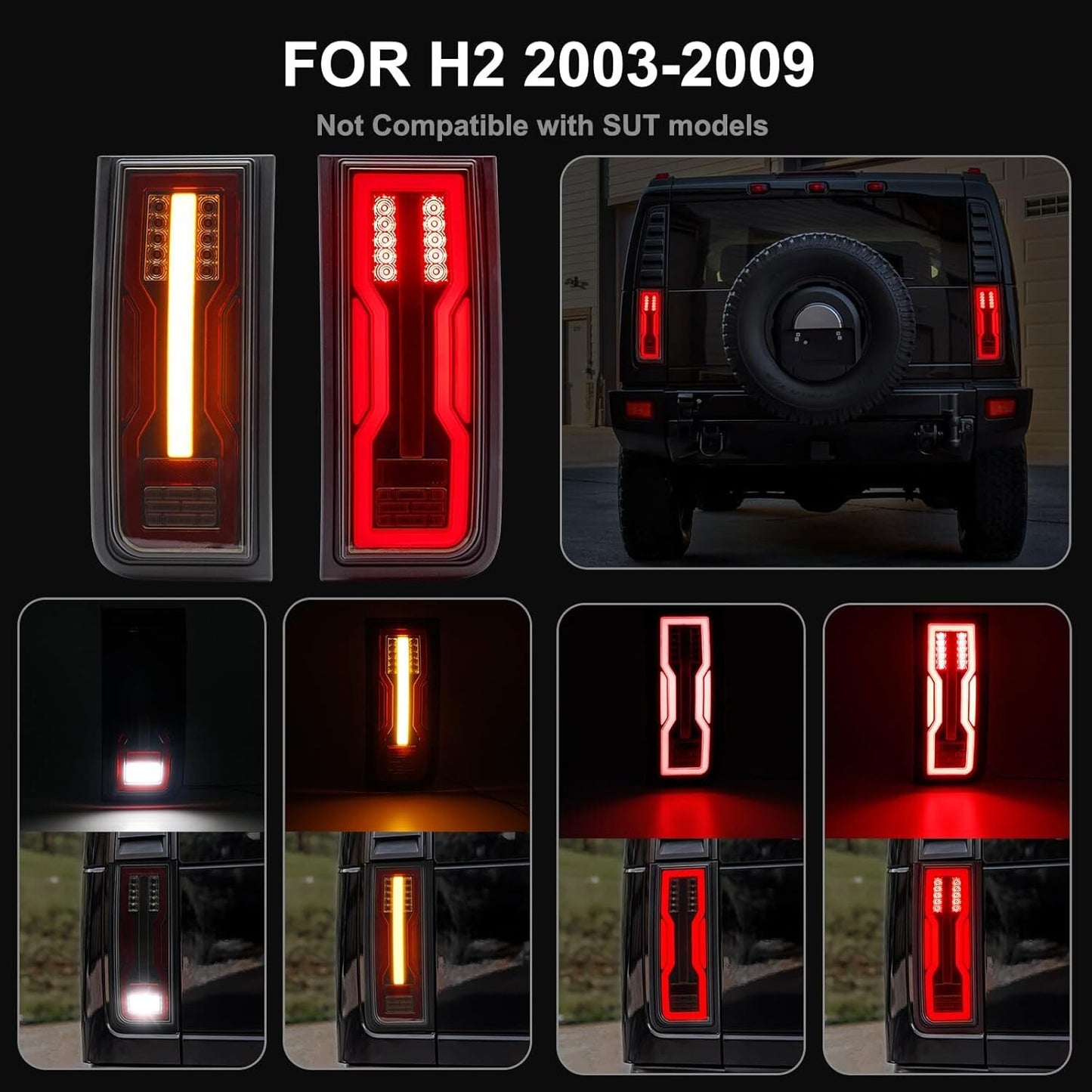 Smoked LED rear brake, turn signal, and reverse indicator lights applicable to 03-09 for Hummer H2 SUV 4-in-1