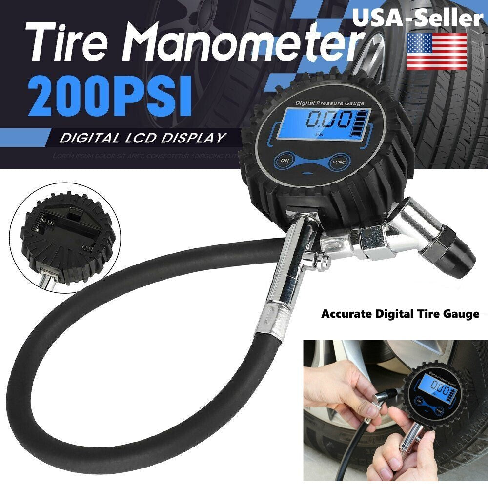 Digital tire pressure gauge 200PSI with quick-connect rubber hose.