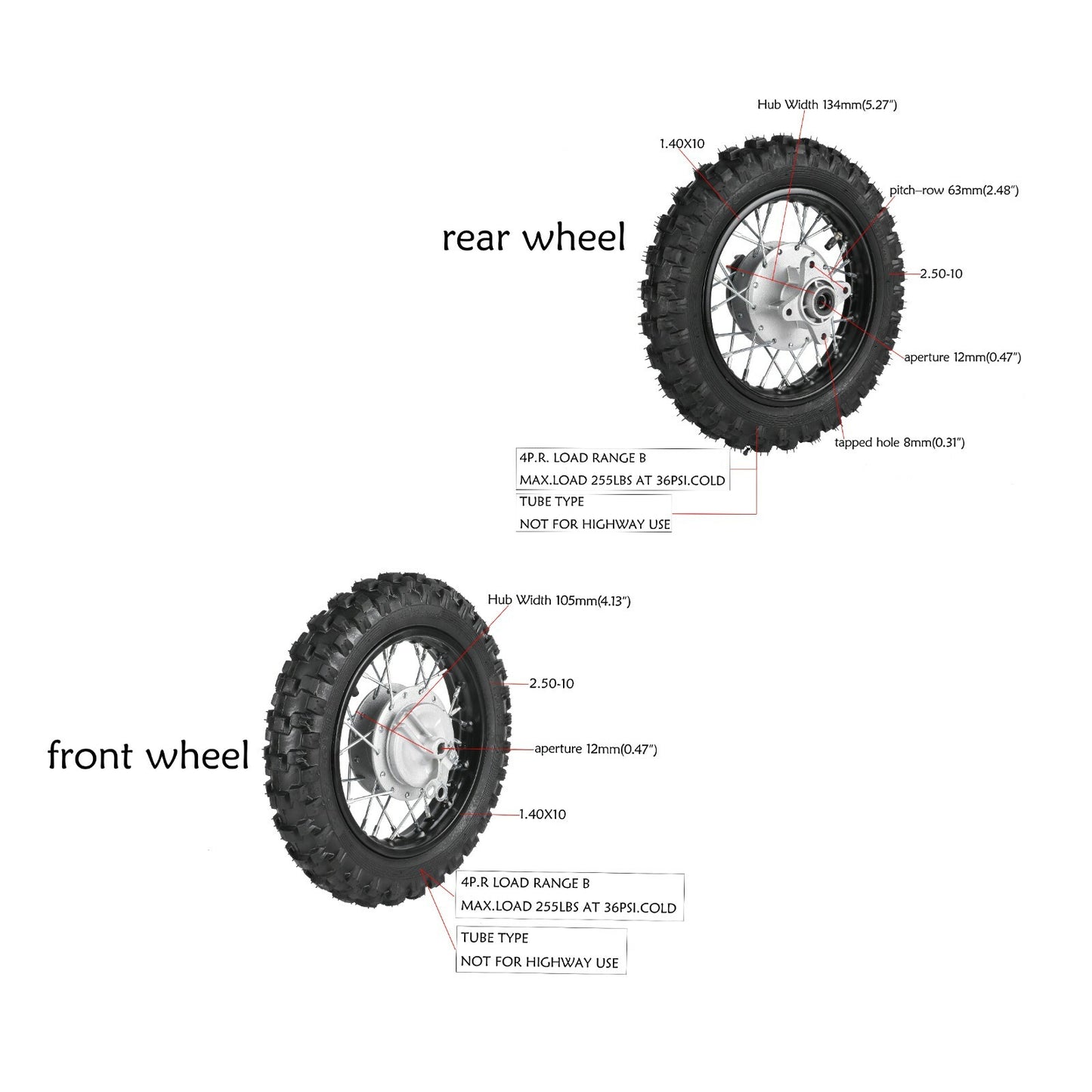 12mm Front Rear 10 Wheels 2.50-10 Tyre  Rim + Sprocket for Honda CRF50 TTR50
