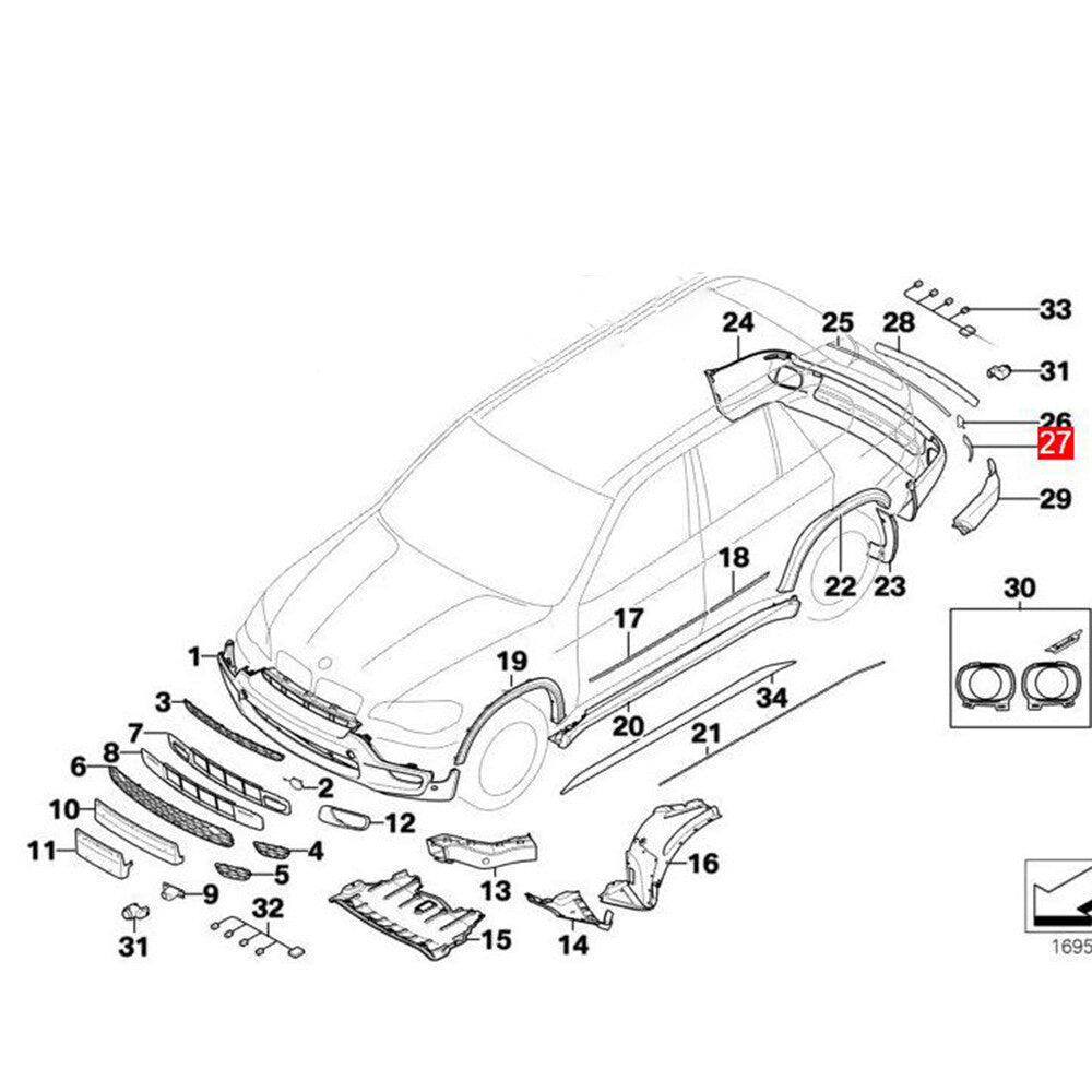 Rear bumper reflector light (left), model number 63217158949, suitable for BMW X5 E70 3.0si 4.8i (2007-2013).