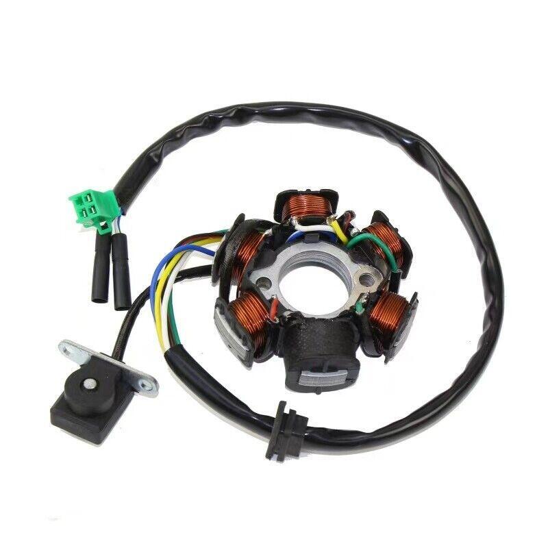 8-pole DC ignition stator magnetic coil generator suitable for GY6 150cc and 125cc scooters.