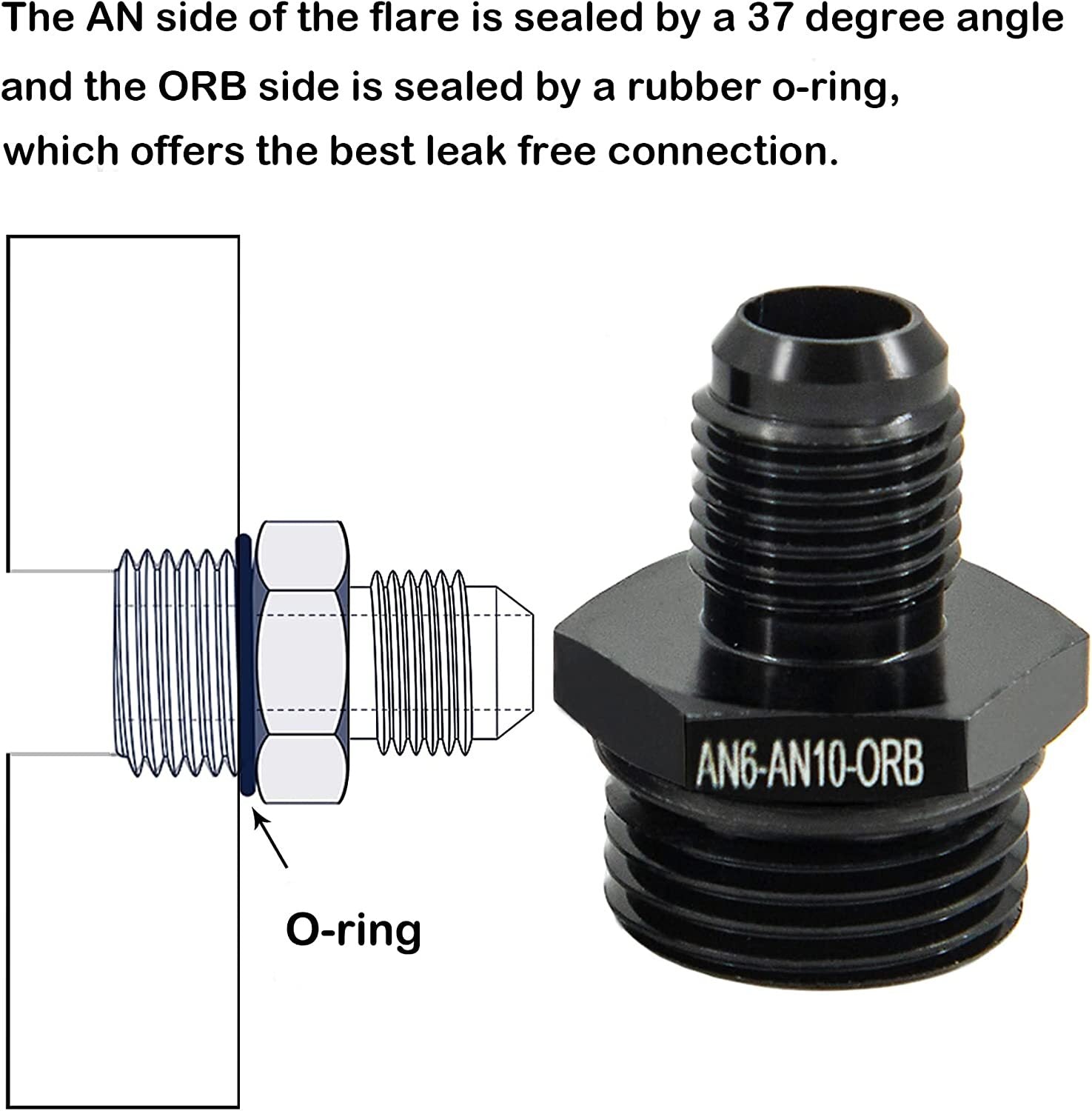 6AN male flash to 10AN ORB O-ring Boss fuel pump rail adapter accessory black
