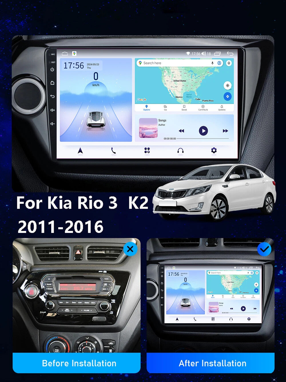 for Kia K2 RIO 3 2011-2016 Android Auto GPS Navi CarPlay Car Radio Stereo Screen