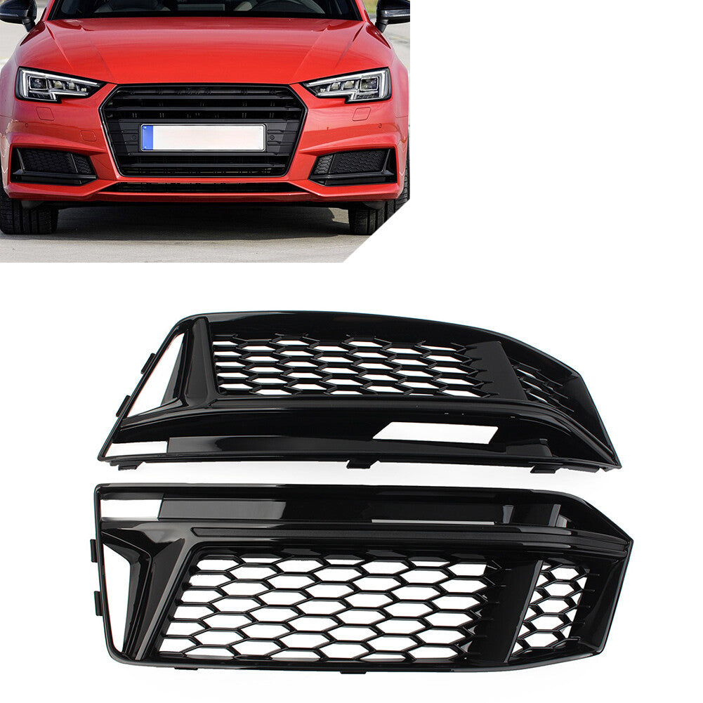 Honeycomb Fog Light Grille Cover Glossy Black Fit for Audi A4 B9 S-Line S4 2016-18