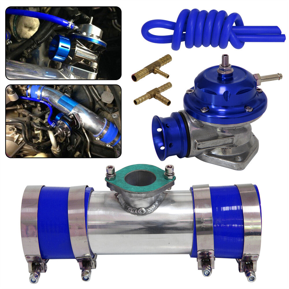 30PSI Blow Off Valve BOV +Type RS 3 Flange Pipe Adapter Silicone Hose Kit Blue