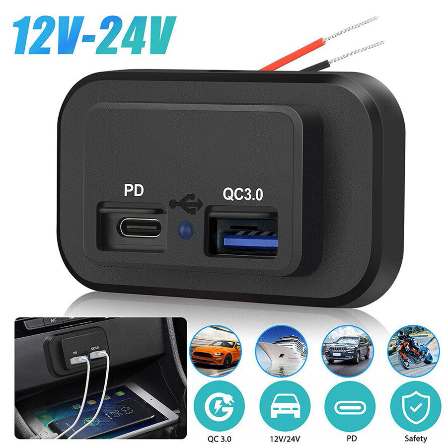 12V USB Charger Port Fast Car Charger PD & QC Outlet Socket for Boat RV Marine