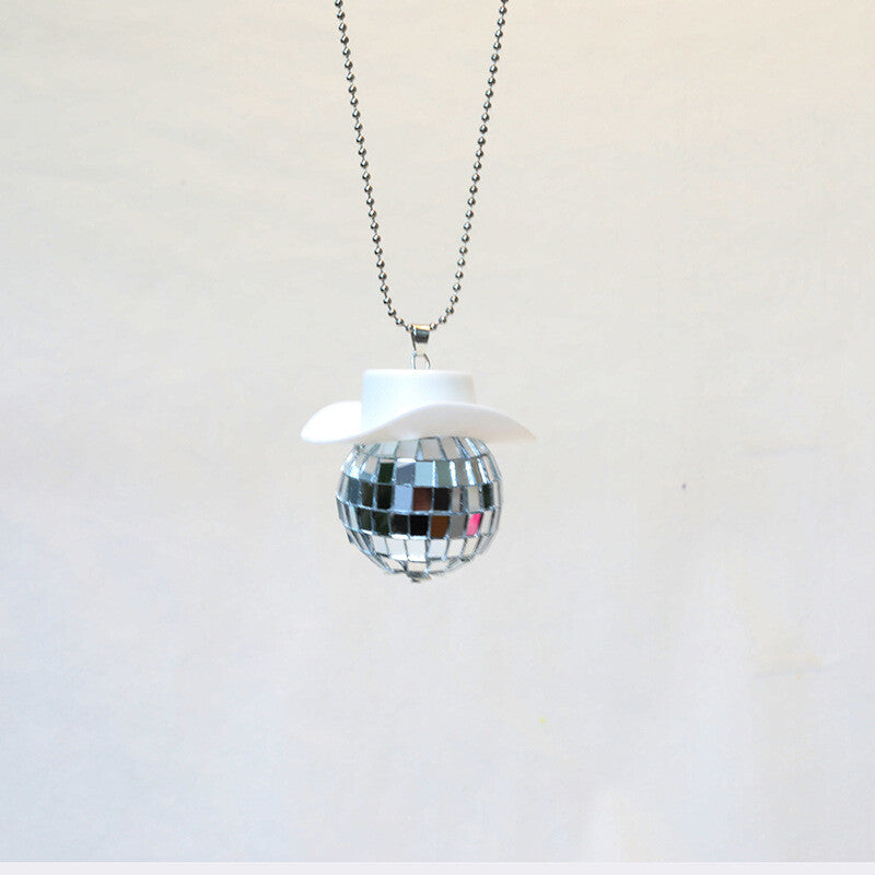Cowboy Hat Disco Ball Car Ornamen Shiny Rear View Mirror Hanging Acessory White